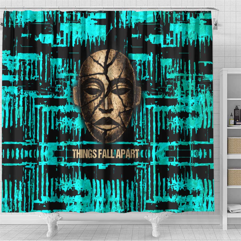 Chinua Achebe Shower Curtain with Tribal Mask Design, Things Fall Apart Quote and Teal Abstract - African Pride
