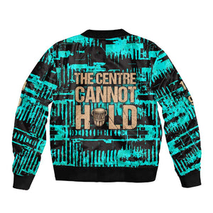 Chinua Achebe Sleeve Zip Bomber Jacket with Tribal Mask Design, Things Fall Apart Quote and Teal Abstract - African Pride