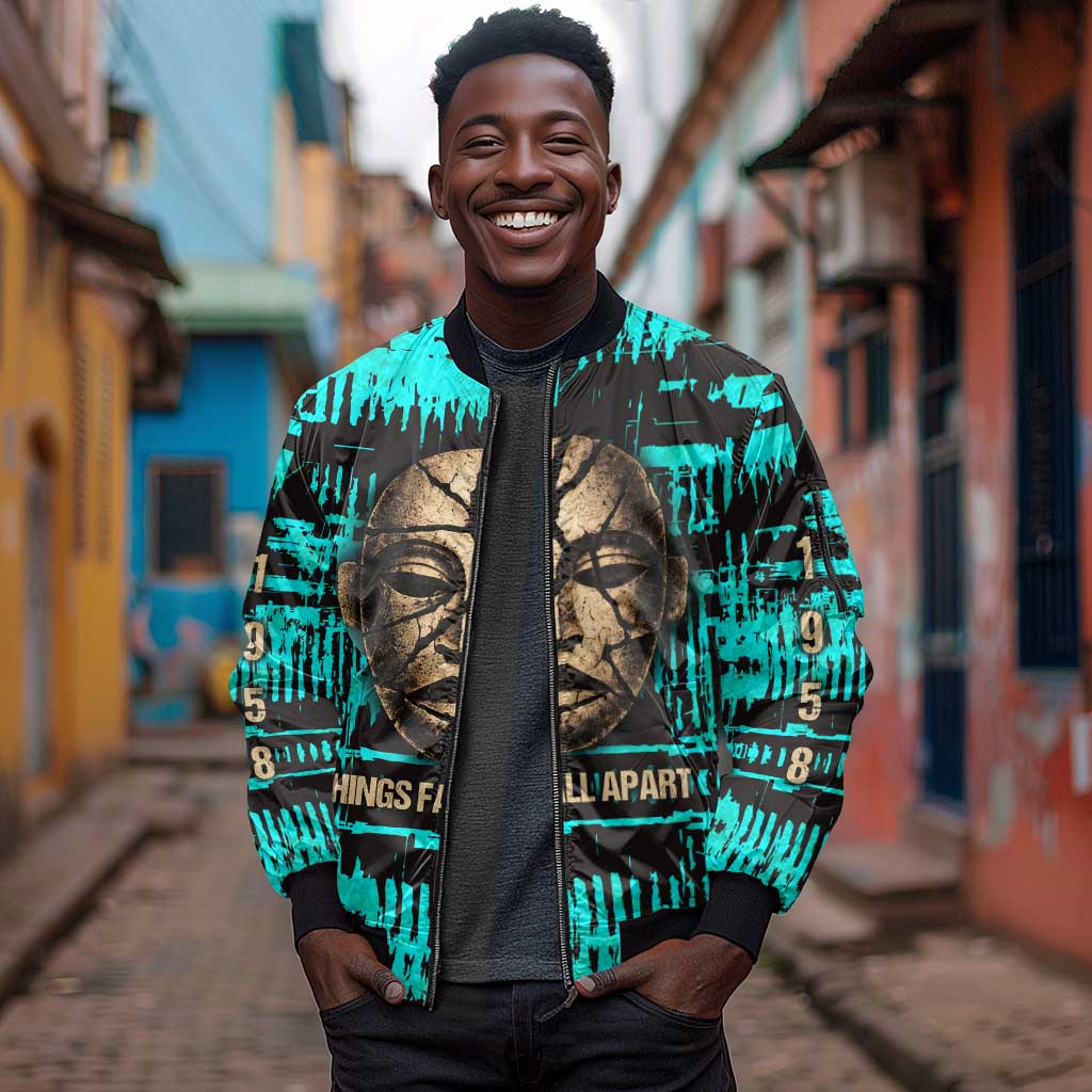 Chinua Achebe Sleeve Zip Bomber Jacket with Tribal Mask Design, Things Fall Apart Quote and Teal Abstract - African Pride