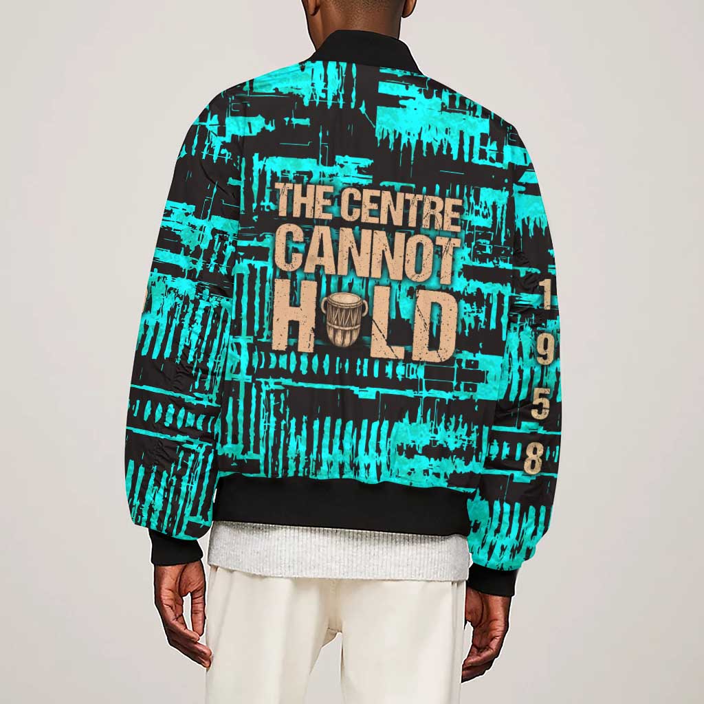 Chinua Achebe Sleeve Zip Bomber Jacket with Tribal Mask Design, Things Fall Apart Quote and Teal Abstract - African Pride