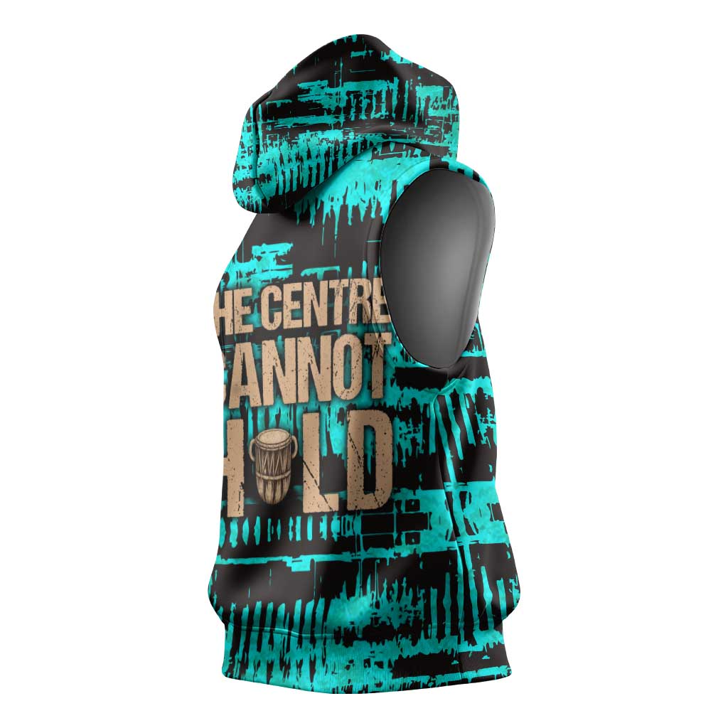 Chinua Achebe Sleeveless Hoodie with Tribal Mask Design, Things Fall Apart Quote and Teal Abstract - African Pride
