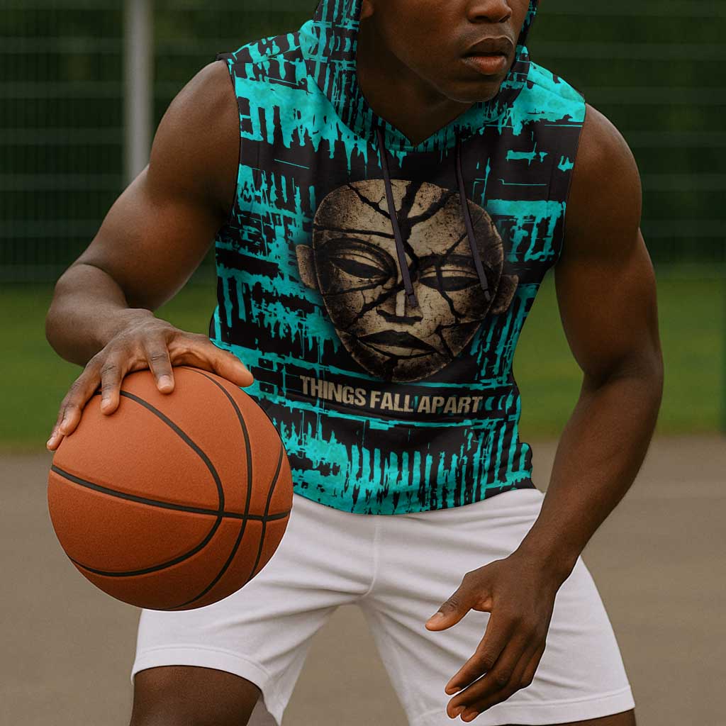 Chinua Achebe Sleeveless Hoodie with Tribal Mask Design, Things Fall Apart Quote and Teal Abstract - African Pride