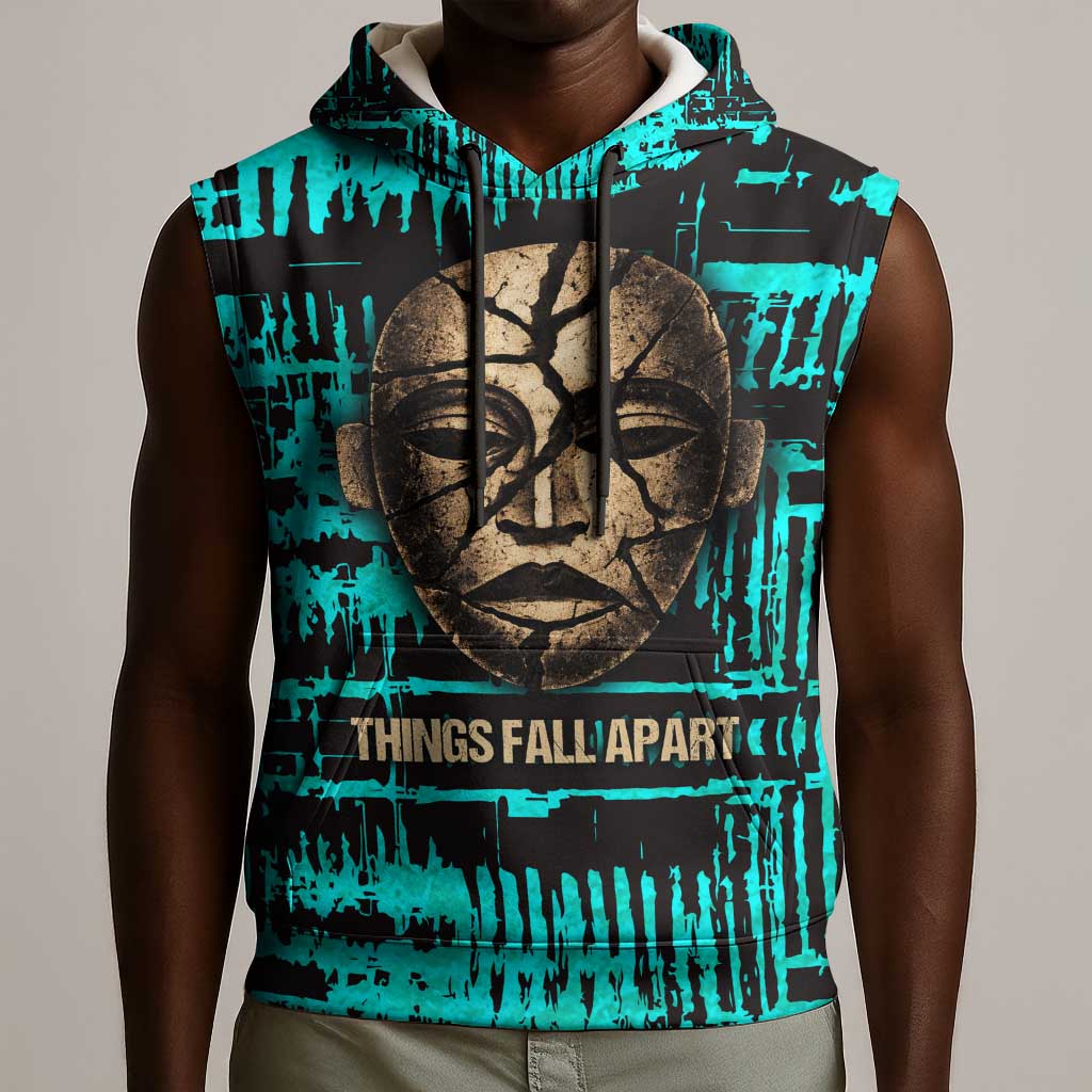 Chinua Achebe Sleeveless Hoodie with Tribal Mask Design, Things Fall Apart Quote and Teal Abstract - African Pride