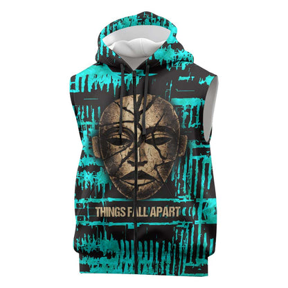 Chinua Achebe Sleeveless Zip Hoodie with Tribal Mask Design, Things Fall Apart Quote and Teal Abstract - African Pride
