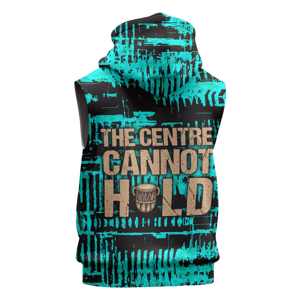 Chinua Achebe Sleeveless Zip Hoodie with Tribal Mask Design, Things Fall Apart Quote and Teal Abstract - African Pride