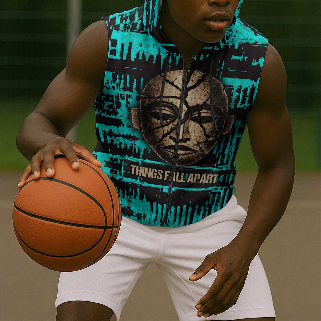 Chinua Achebe Sleeveless Zip Hoodie with Tribal Mask Design, Things Fall Apart Quote and Teal Abstract - African Pride