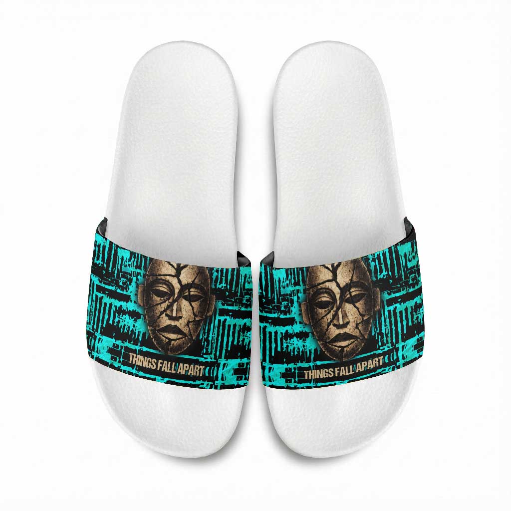 Chinua Achebe Slide Sandals with Tribal Mask Design, Things Fall Apart Quote and Teal Abstract - African Pride