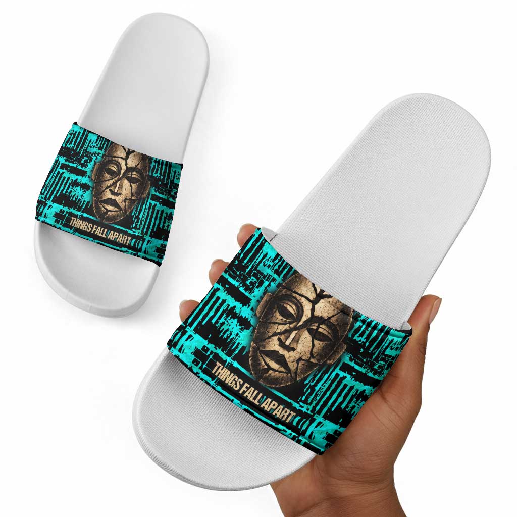Chinua Achebe Slide Sandals with Tribal Mask Design, Things Fall Apart Quote and Teal Abstract - African Pride