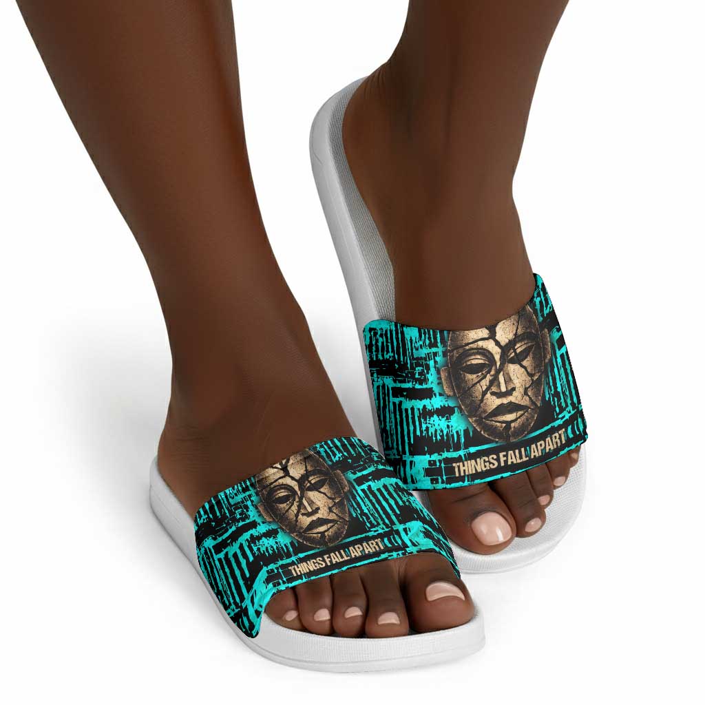 Chinua Achebe Slide Sandals with Tribal Mask Design, Things Fall Apart Quote and Teal Abstract - African Pride