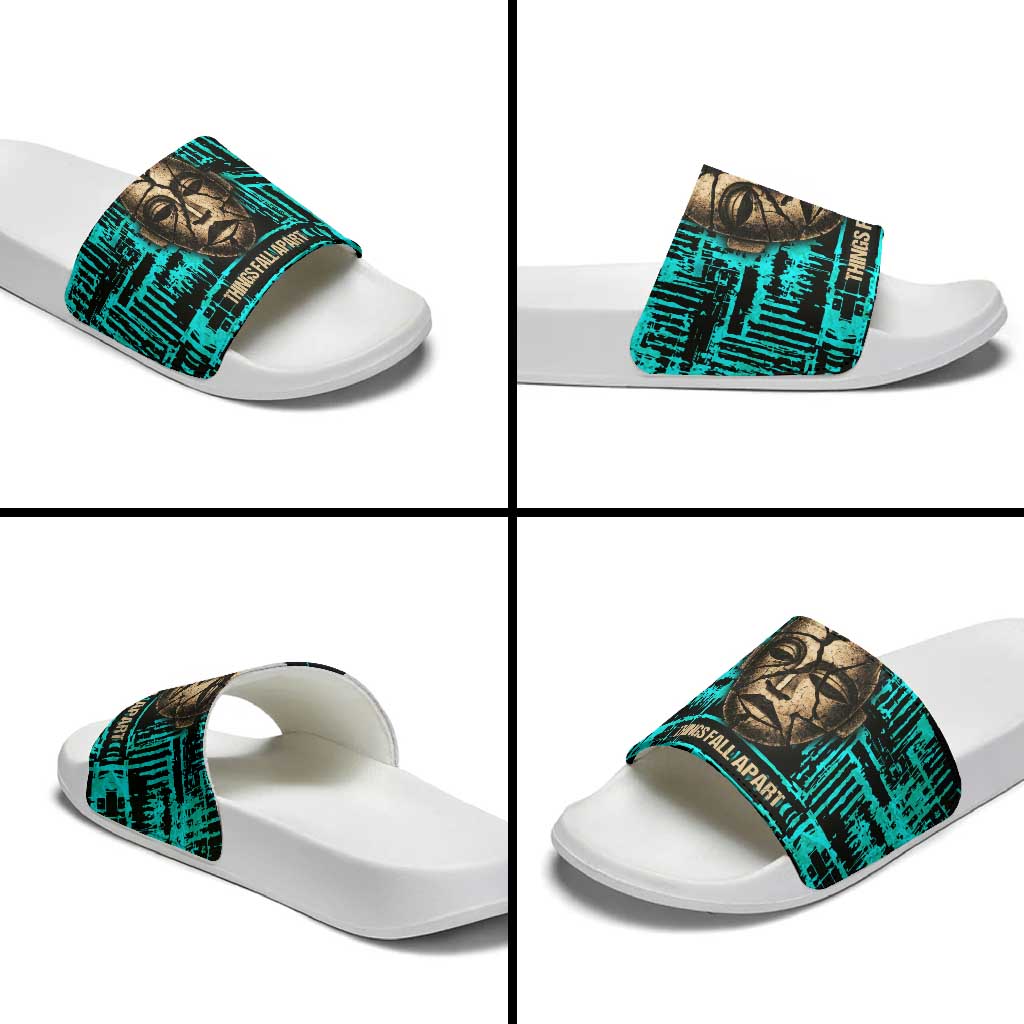 Chinua Achebe Slide Sandals with Tribal Mask Design, Things Fall Apart Quote and Teal Abstract - African Pride