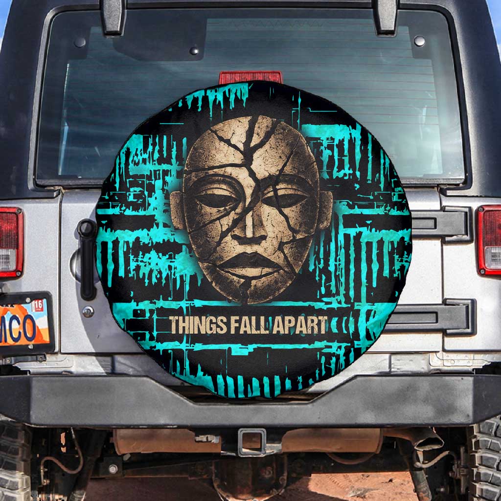 Chinua Achebe Spare Tire Cover with Tribal Mask Design, Things Fall Apart Quote and Teal Abstract - African Pride