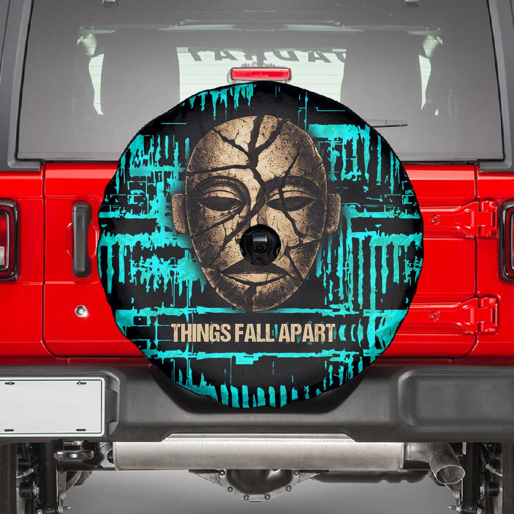 Chinua Achebe Spare Tire Cover with Tribal Mask Design, Things Fall Apart Quote and Teal Abstract - African Pride