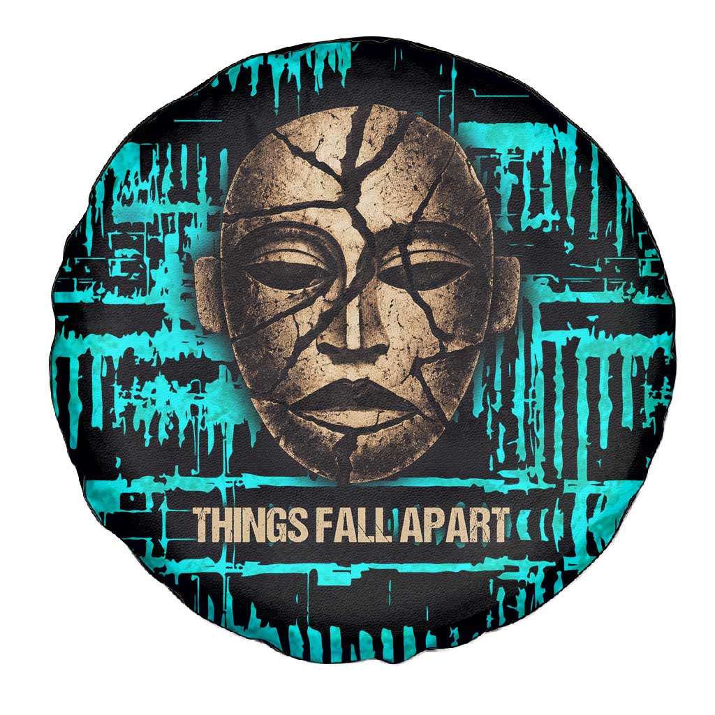 Chinua Achebe Spare Tire Cover with Tribal Mask Design, Things Fall Apart Quote and Teal Abstract - African Pride