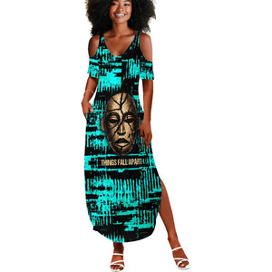 Chinua Achebe Summer Maxi Dress with Tribal Mask Design, Things Fall Apart Quote and Teal Abstract - African Pride