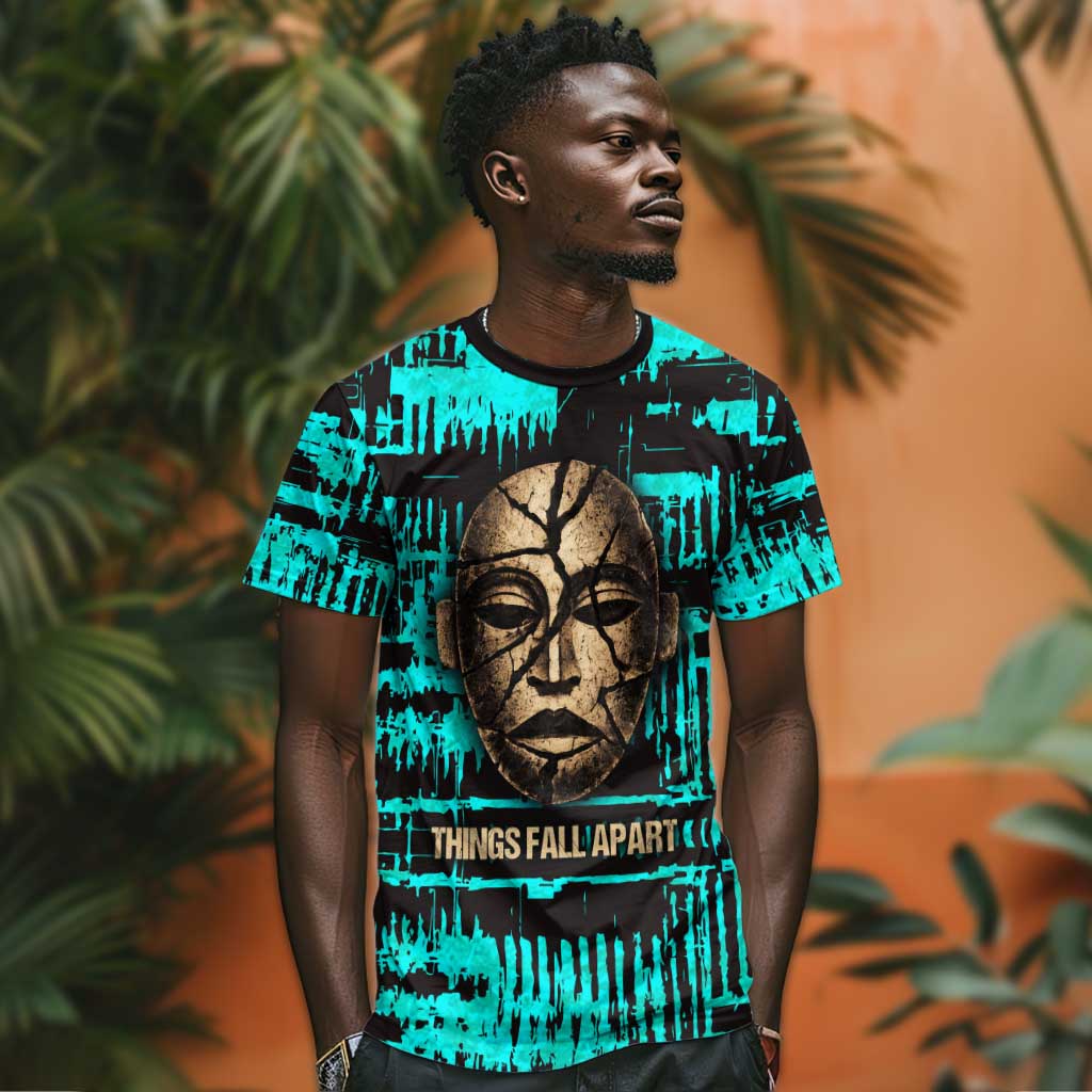 Chinua Achebe T shirt with Tribal Mask Design, Things Fall Apart Quote and Teal Abstract - African Pride