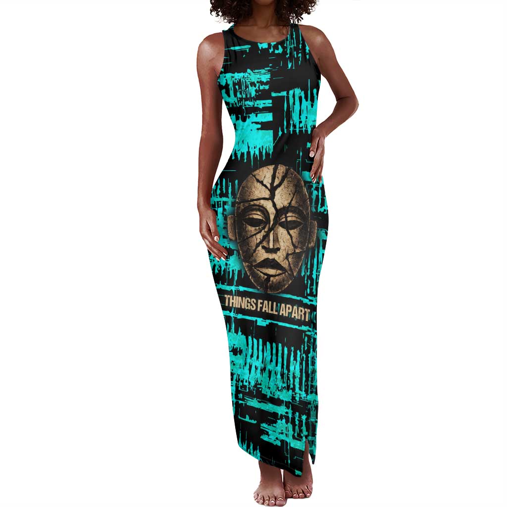 Chinua Achebe Tank Maxi Dress with Tribal Mask Design, Things Fall Apart Quote and Teal Abstract - African Pride