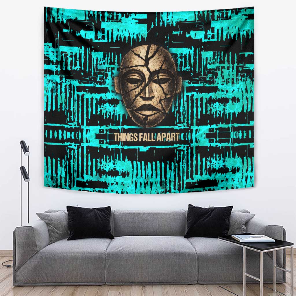 Chinua Achebe Tapestry with Tribal Mask Design, Things Fall Apart Quote and Teal Abstract - African Pride
