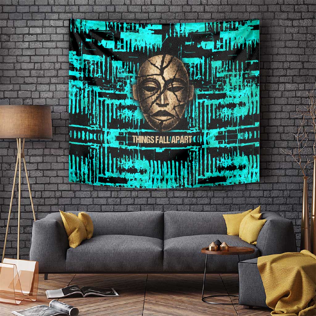 Chinua Achebe Tapestry with Tribal Mask Design, Things Fall Apart Quote and Teal Abstract - African Pride