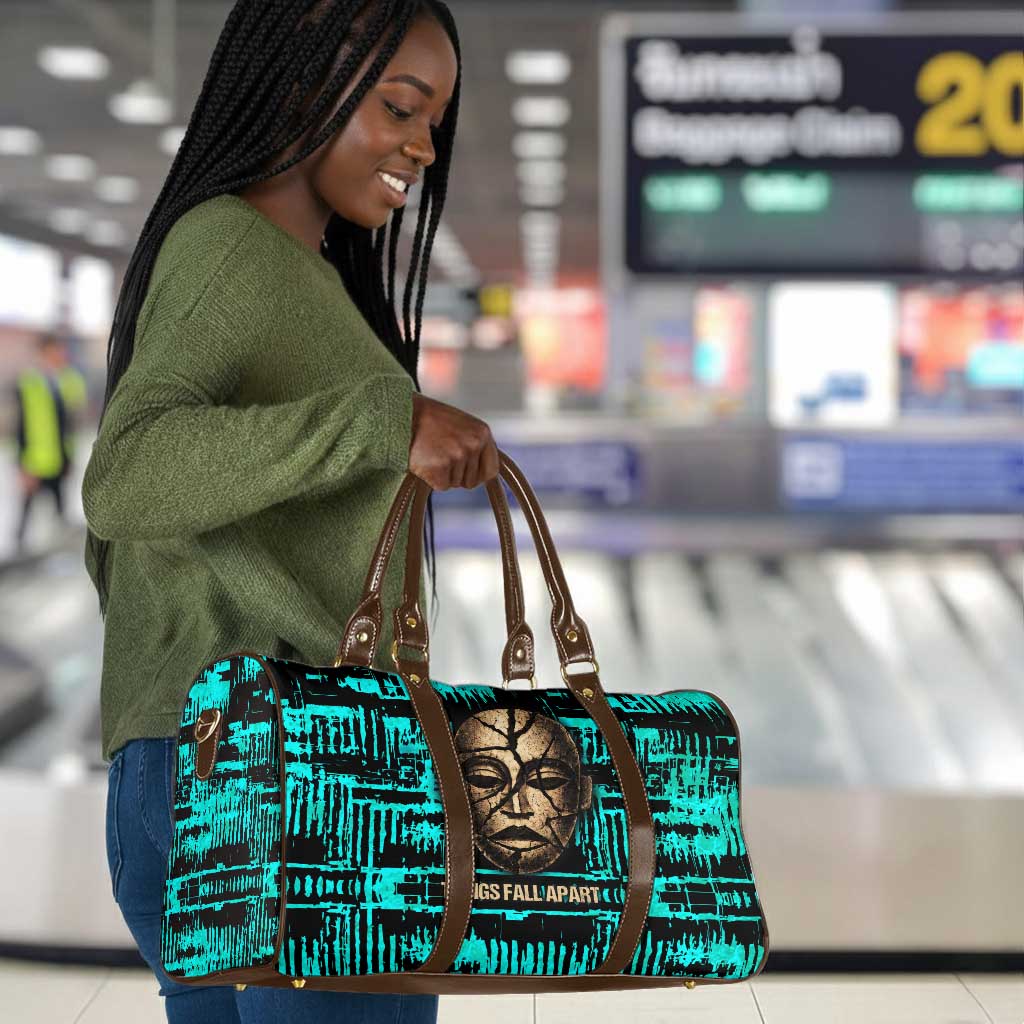 Chinua Achebe Travel Bag with Tribal Mask Design, Things Fall Apart Quote and Teal Abstract - African Pride