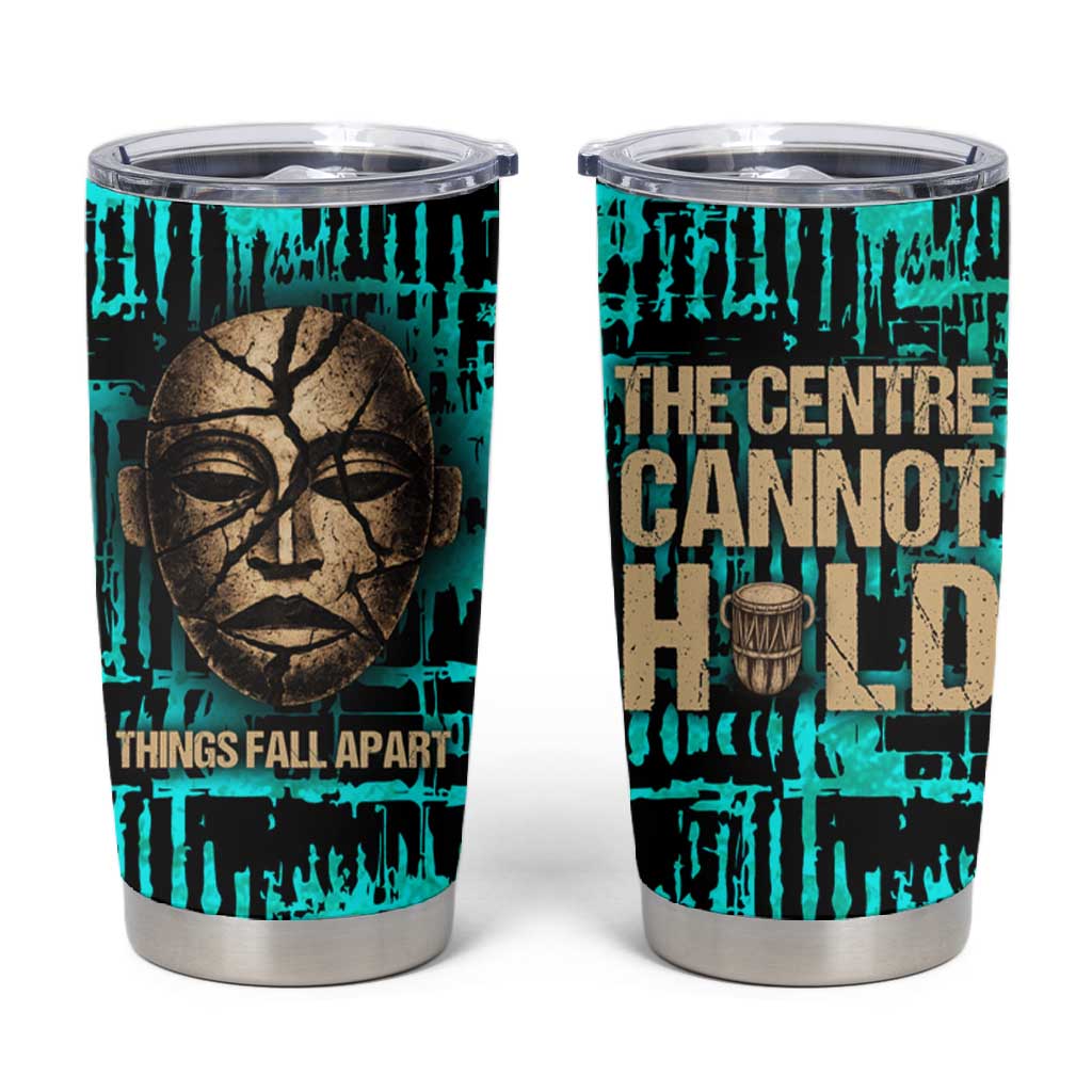 Chinua Achebe Tumbler Cup with Tribal Mask Design, Things Fall Apart Quote and Teal Abstract - African Pride