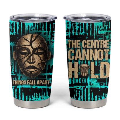 Chinua Achebe Tumbler Cup with Tribal Mask Design, Things Fall Apart Quote and Teal Abstract - African Pride