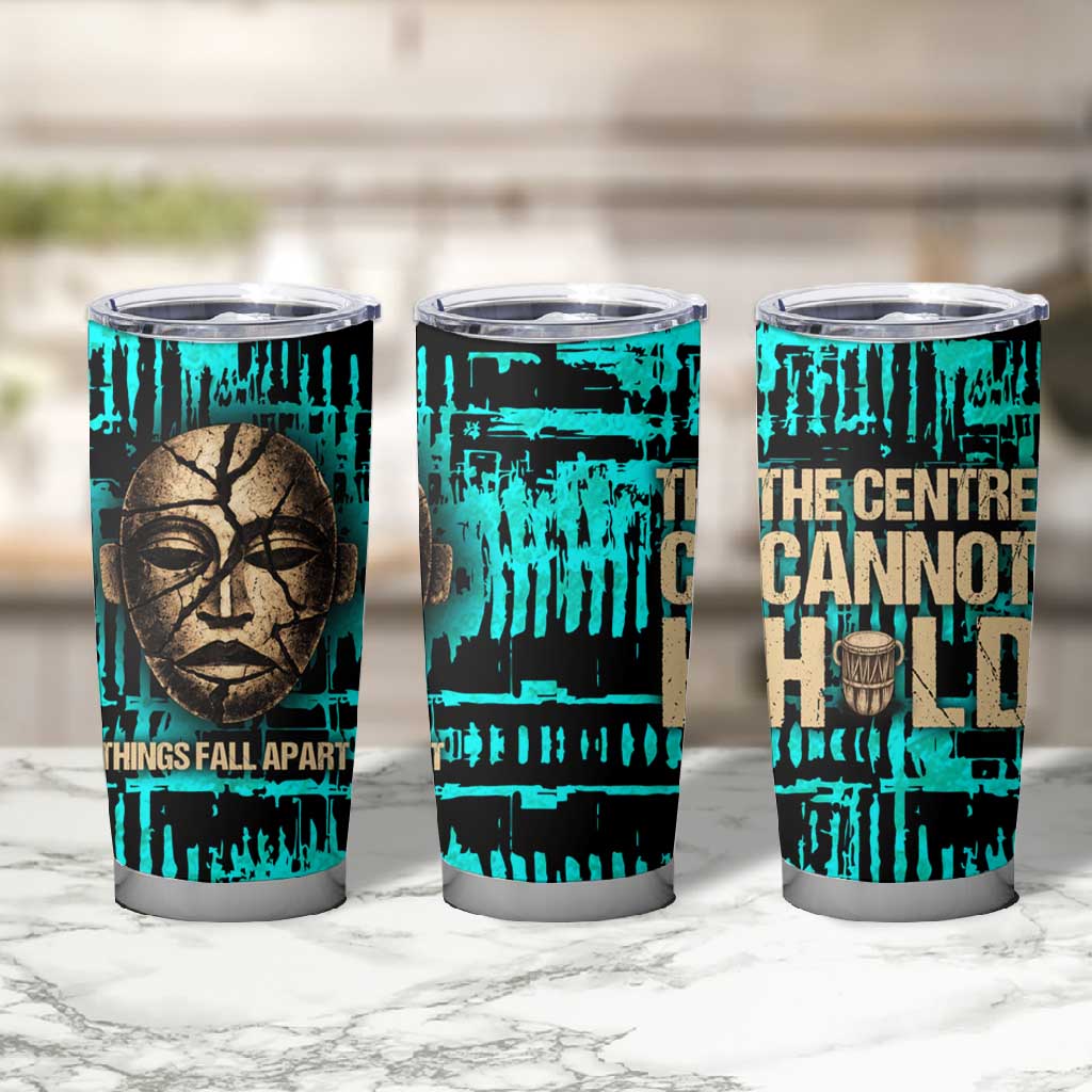 Chinua Achebe Tumbler Cup with Tribal Mask Design, Things Fall Apart Quote and Teal Abstract - African Pride