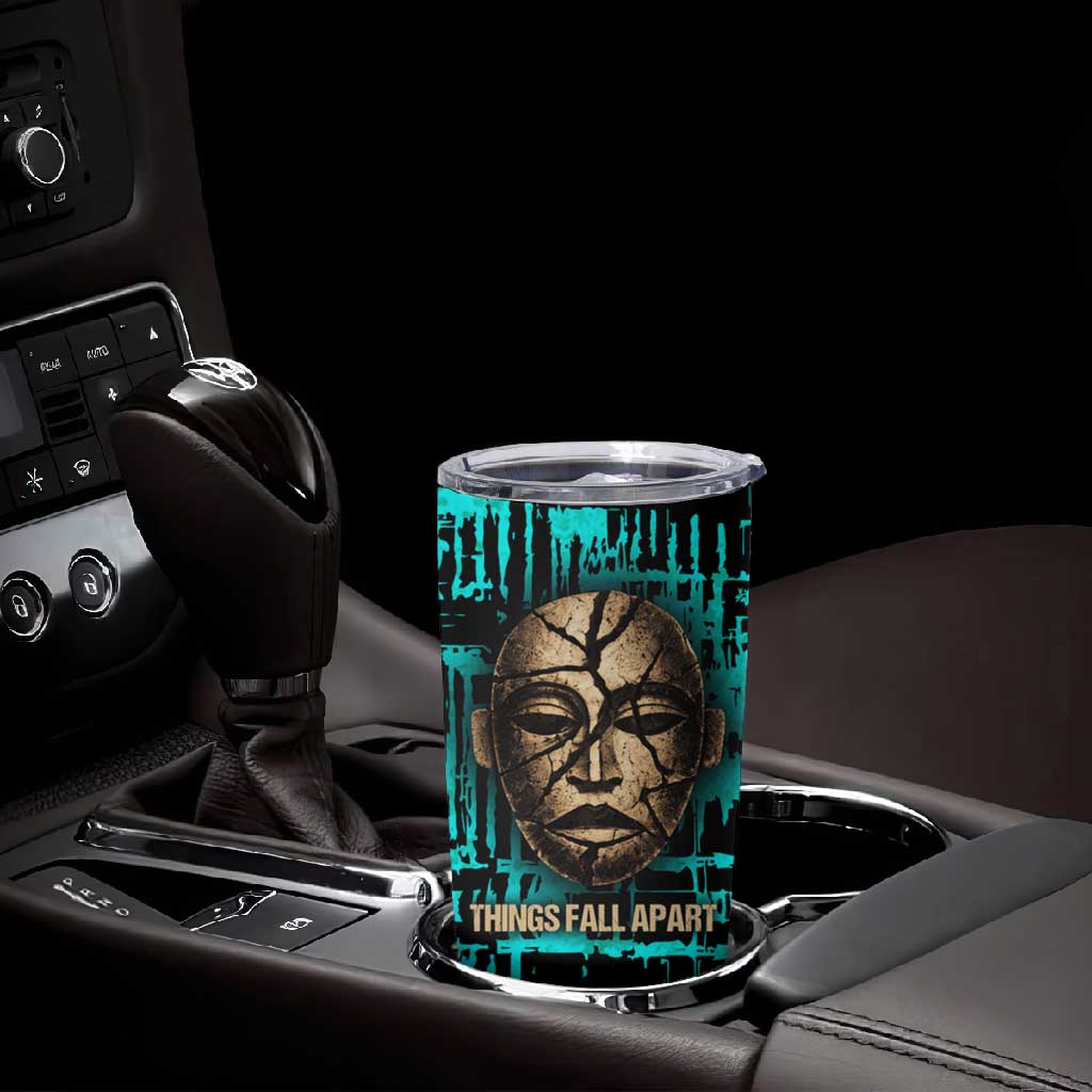 Chinua Achebe Tumbler Cup with Tribal Mask Design, Things Fall Apart Quote and Teal Abstract - African Pride