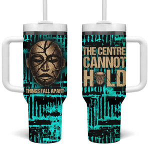 Chinua Achebe Tumbler With Handle with Tribal Mask Design, Things Fall Apart Quote and Teal Abstract - African Pride