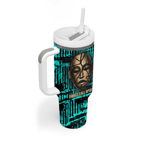 Chinua Achebe Tumbler With Handle with Tribal Mask Design, Things Fall Apart Quote and Teal Abstract - African Pride