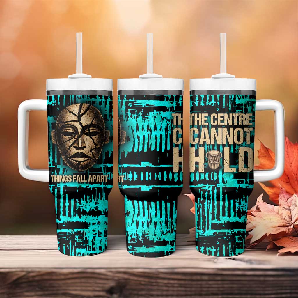Chinua Achebe Tumbler With Handle with Tribal Mask Design, Things Fall Apart Quote and Teal Abstract - African Pride