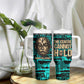 Chinua Achebe Tumbler With Handle with Tribal Mask Design, Things Fall Apart Quote and Teal Abstract - African Pride