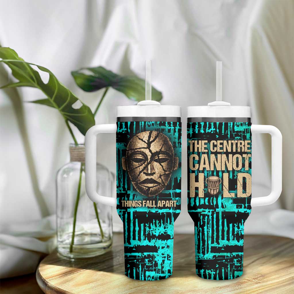 Chinua Achebe Tumbler With Handle with Tribal Mask Design, Things Fall Apart Quote and Teal Abstract - African Pride