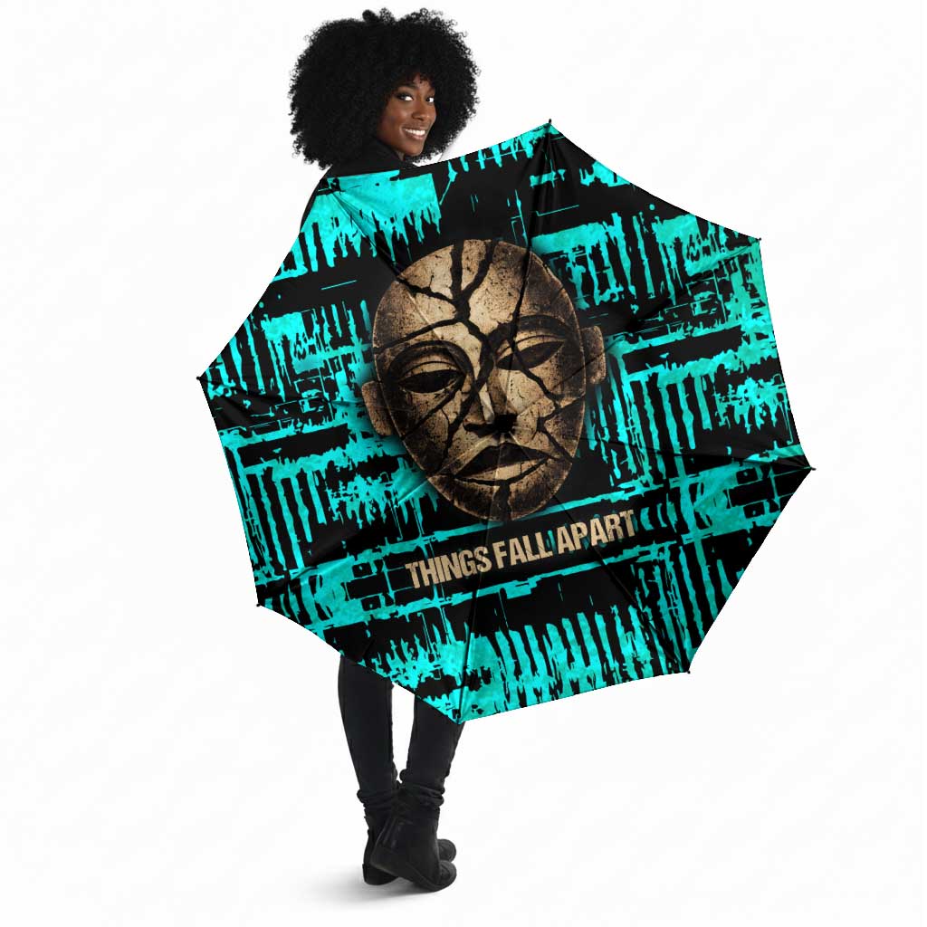 Chinua Achebe Umbrella with Tribal Mask Design, Things Fall Apart Quote and Teal Abstract - African Pride