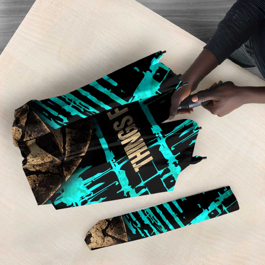 Chinua Achebe Umbrella with Tribal Mask Design, Things Fall Apart Quote and Teal Abstract - African Pride