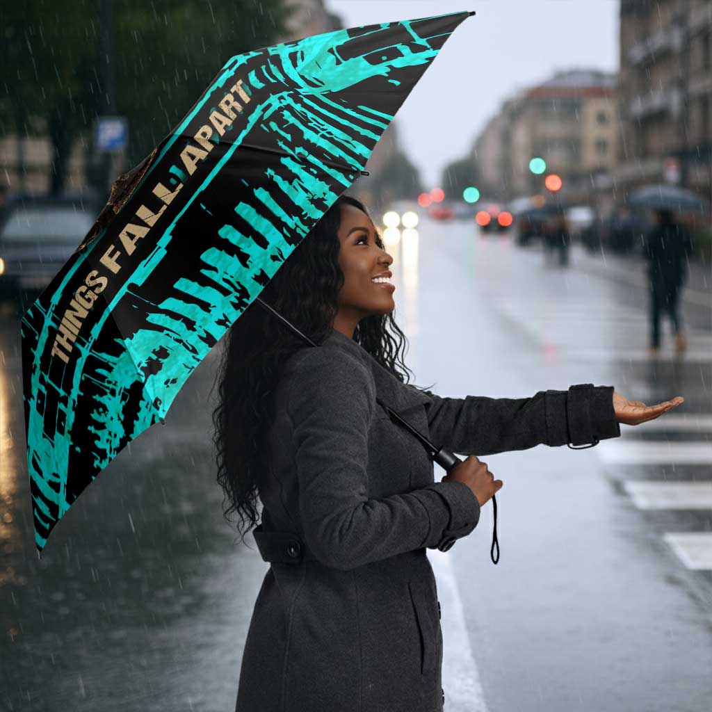 Chinua Achebe Umbrella with Tribal Mask Design, Things Fall Apart Quote and Teal Abstract - African Pride