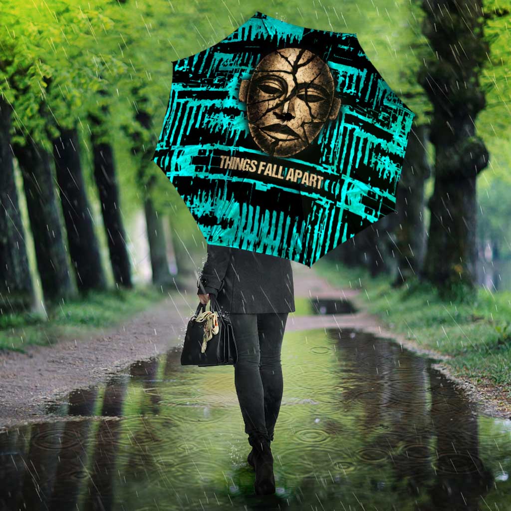 Chinua Achebe Umbrella with Tribal Mask Design, Things Fall Apart Quote and Teal Abstract - African Pride