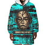 Chinua Achebe Wearable Blanket Hoodie with Tribal Mask Design, Things Fall Apart Quote and Teal Abstract - African Pride