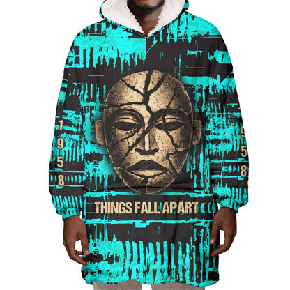 Chinua Achebe Wearable Blanket Hoodie with Tribal Mask Design, Things Fall Apart Quote and Teal Abstract - African Pride