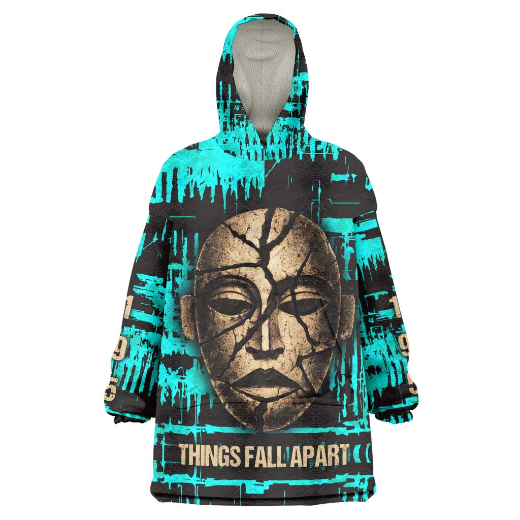 Chinua Achebe Wearable Blanket Hoodie with Tribal Mask Design, Things Fall Apart Quote and Teal Abstract - African Pride