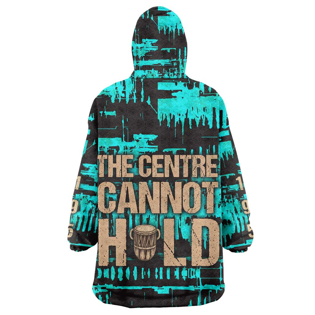 Chinua Achebe Wearable Blanket Hoodie with Tribal Mask Design, Things Fall Apart Quote and Teal Abstract - African Pride