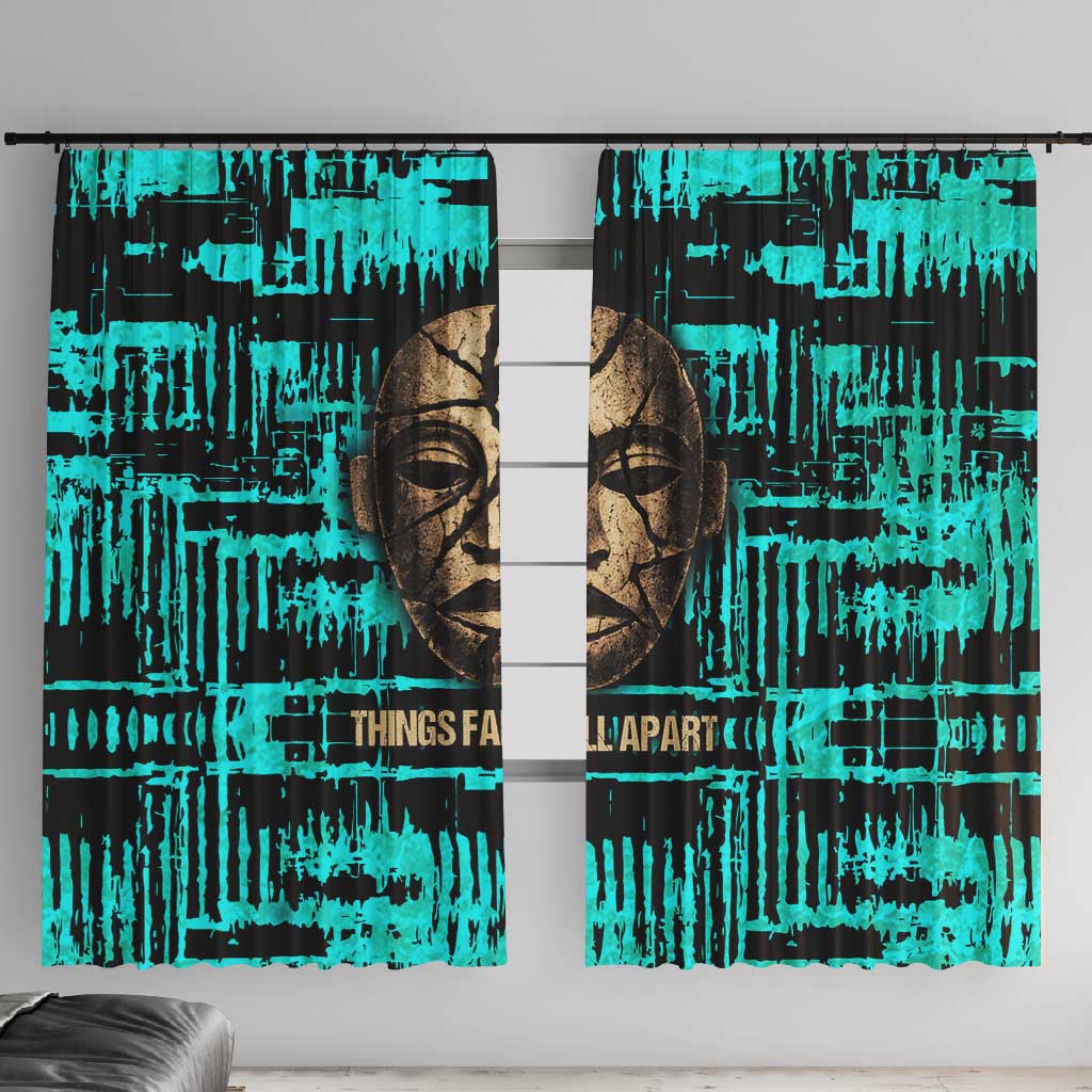 Chinua Achebe Window Curtain with Tribal Mask Design, Things Fall Apart Quote and Teal Abstract - African Pride