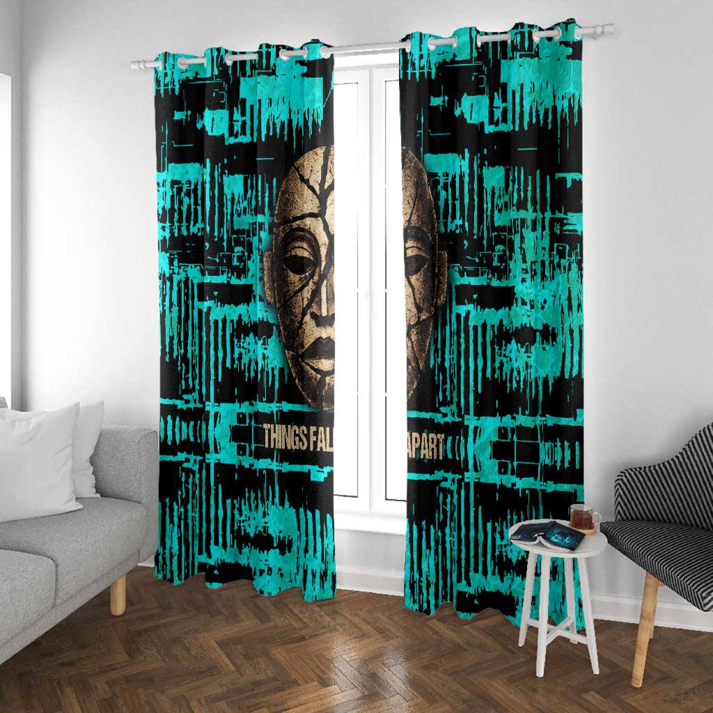 Chinua Achebe Window Curtain with Tribal Mask Design, Things Fall Apart Quote and Teal Abstract - African Pride