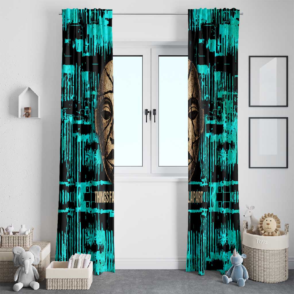 Chinua Achebe Window Curtain with Tribal Mask Design, Things Fall Apart Quote and Teal Abstract - African Pride
