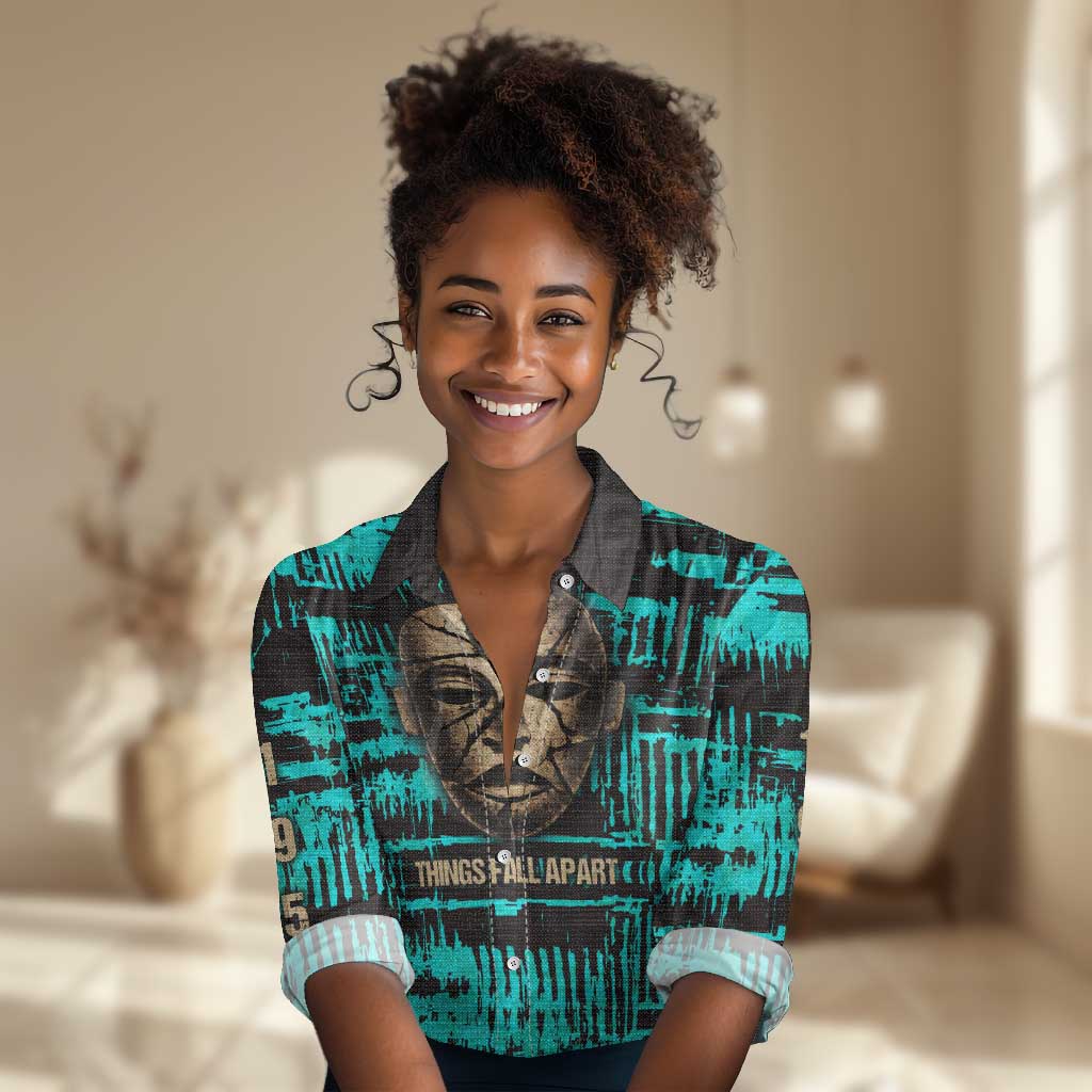 Chinua Achebe Women Casual Shirt with Tribal Mask Design, Things Fall Apart Quote and Teal Abstract - African Pride