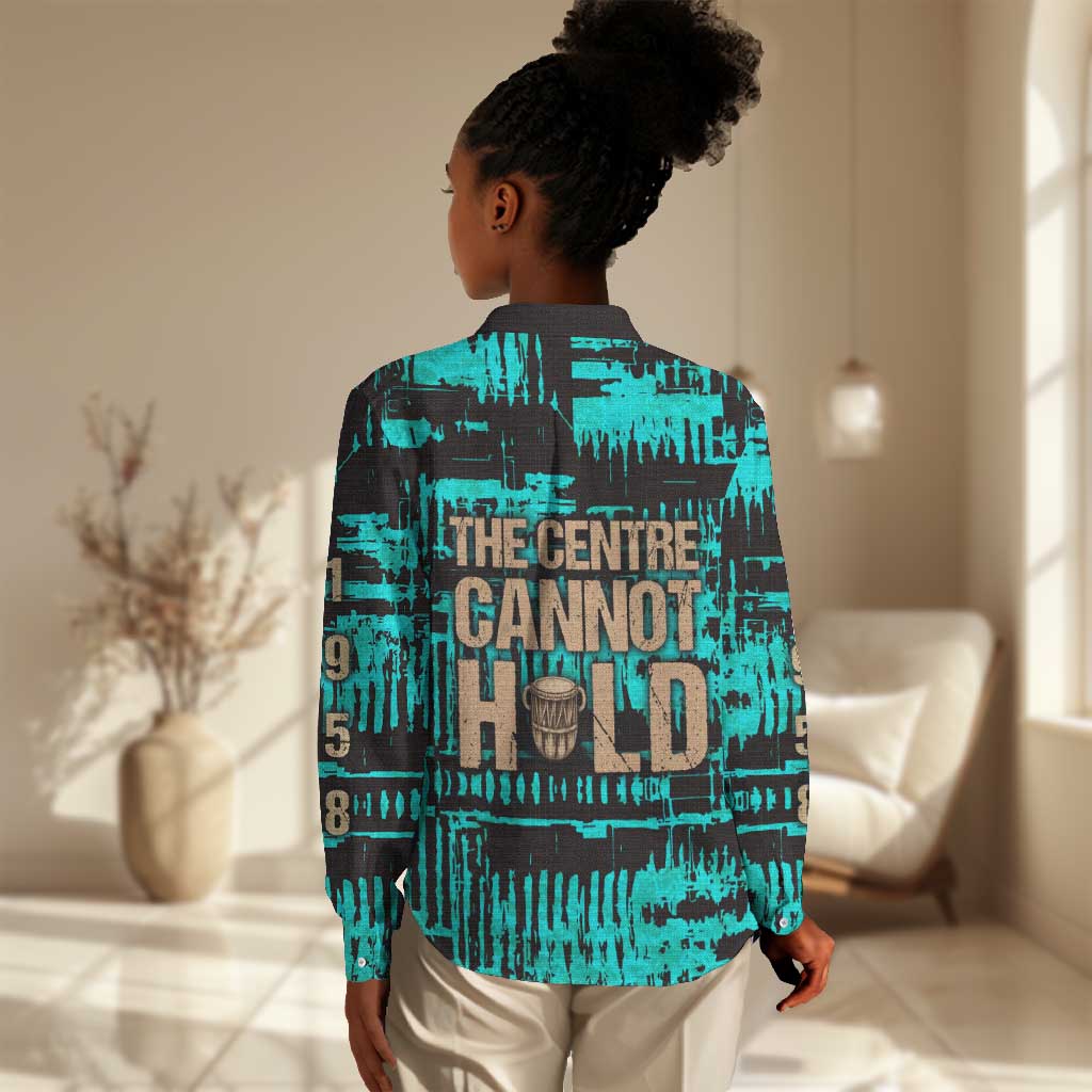Chinua Achebe Women Casual Shirt with Tribal Mask Design, Things Fall Apart Quote and Teal Abstract - African Pride