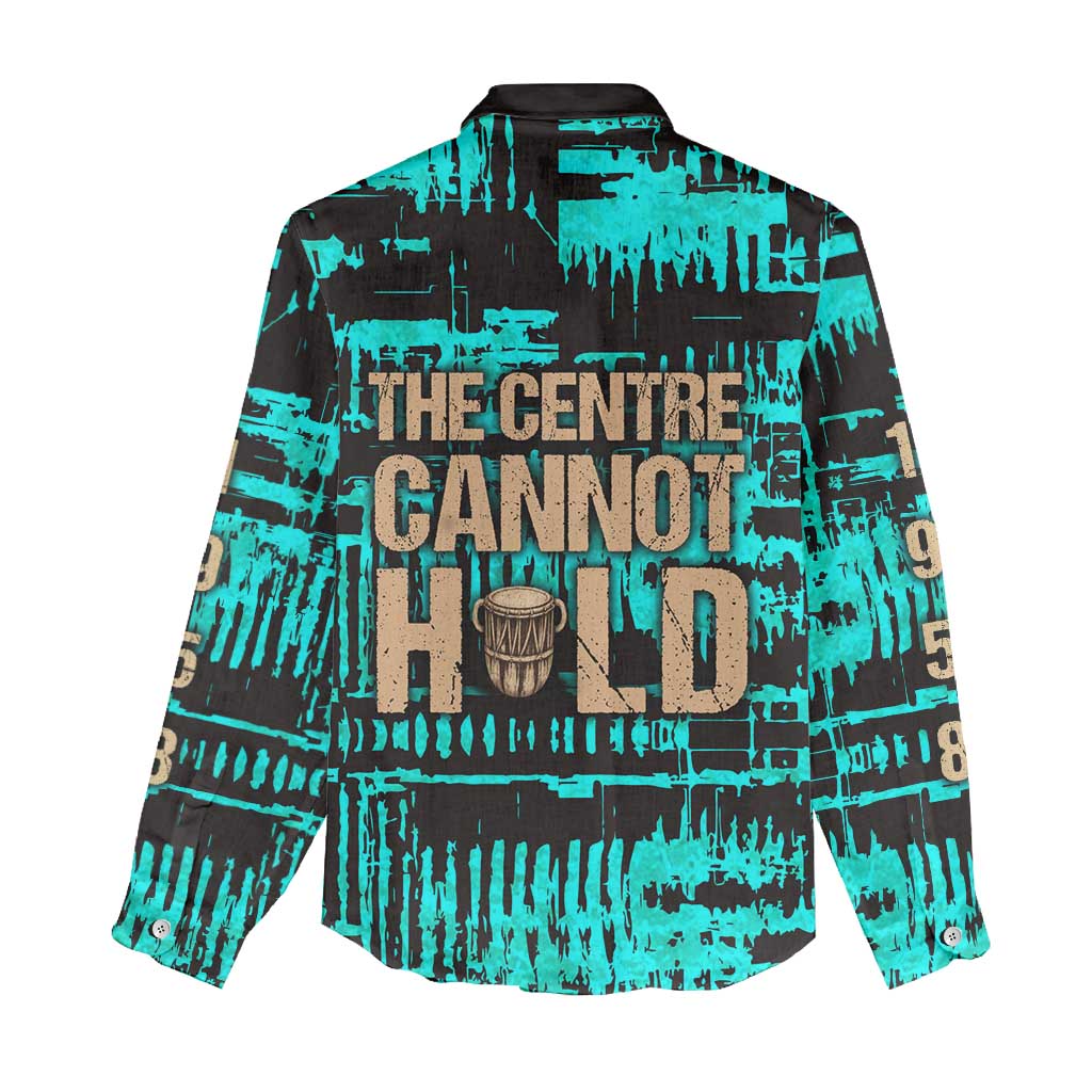 Chinua Achebe Women Casual Shirt with Tribal Mask Design, Things Fall Apart Quote and Teal Abstract - African Pride
