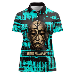 Chinua Achebe Women Polo Shirt with Tribal Mask Design, Things Fall Apart Quote and Teal Abstract - African Pride
