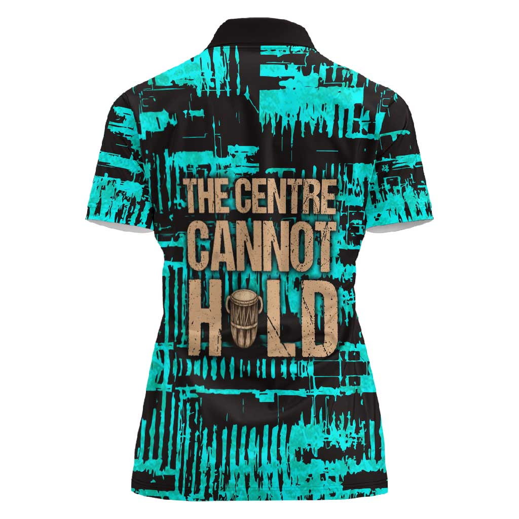 Chinua Achebe Women Polo Shirt with Tribal Mask Design, Things Fall Apart Quote and Teal Abstract - African Pride