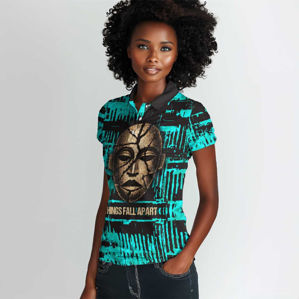 Chinua Achebe Women Polo Shirt with Tribal Mask Design, Things Fall Apart Quote and Teal Abstract - African Pride