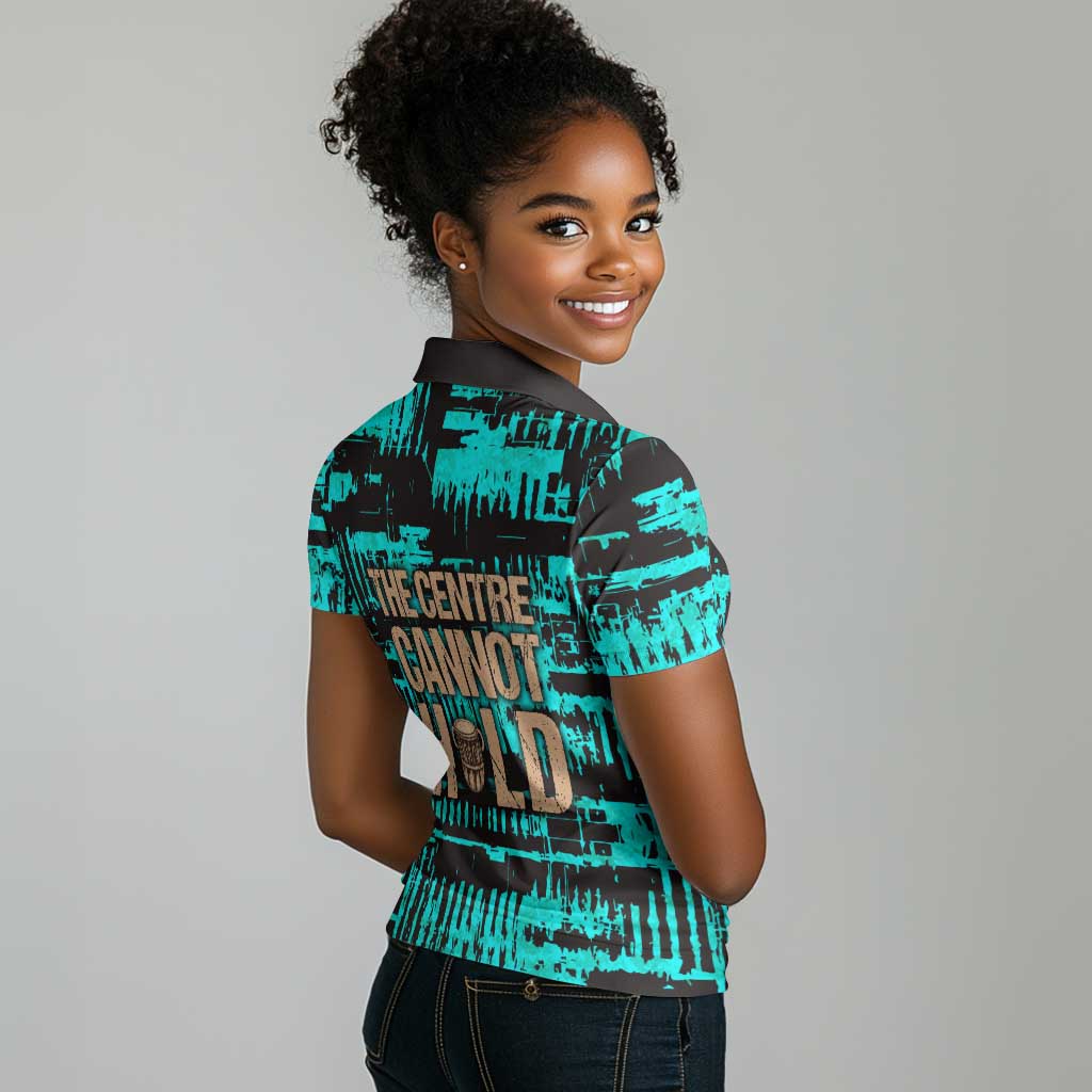 Chinua Achebe Women Polo Shirt with Tribal Mask Design, Things Fall Apart Quote and Teal Abstract - African Pride
